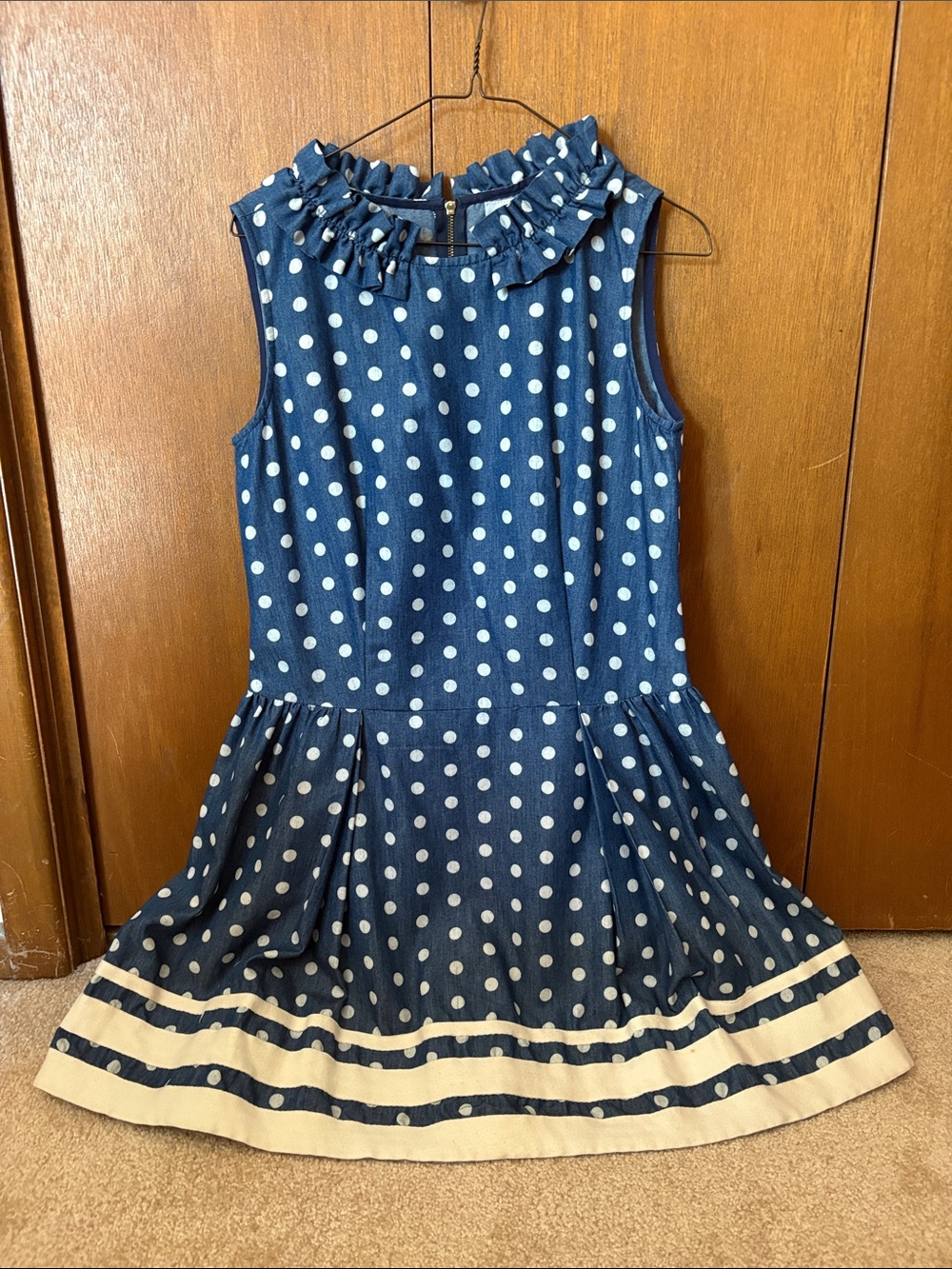 Karen Walker Navy and White Polka Dot Ruffle-Neck Mini Dress